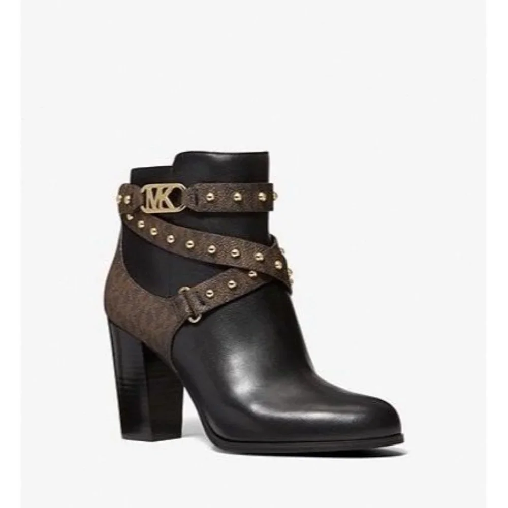 Michael Kors Kincaid Studded Logo Ankle Boot Black Brown Multi - Picture 10 of 11
